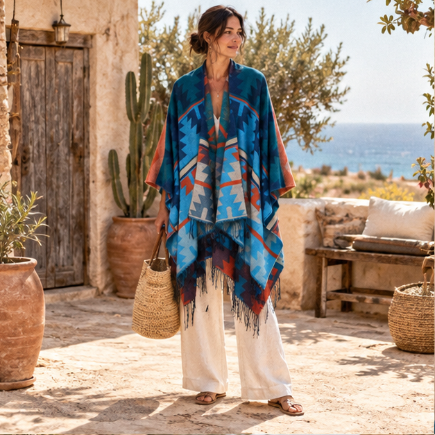 Poncho Bleu Motifs Mexicains – Bleu / Adulte, en situation sur la côte Atlantique