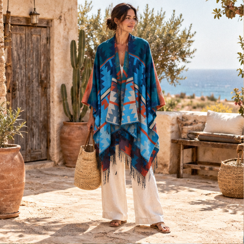 Poncho Bleu Motifs Mexicains – Bleu / Adulte, en situation sur la côte Atlantique