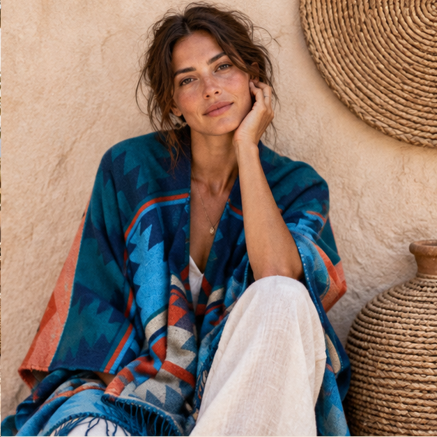 Poncho Bleu Motifs Mexicains – Bleu / Adulte, dans un intérieur côtier lumineux