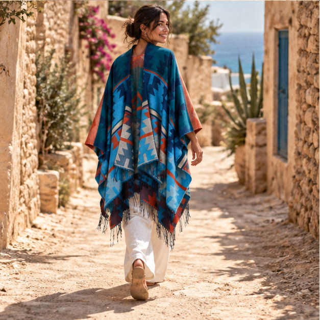 Poncho Bleu Motifs Mexicains – Bleu / Adulte, porté en mouvement au bord de l’océan