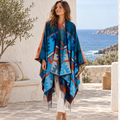 Poncho Bleu Motifs Mexicains – Bleu / Adulte, visuel principal lifestyle