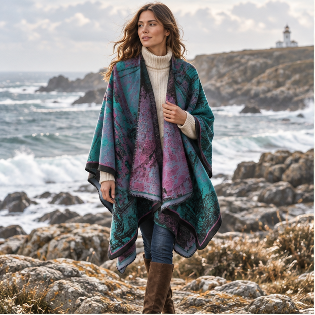 Poncho Bohémien Vintage – Bleu, en situation sur la côte Atlantique