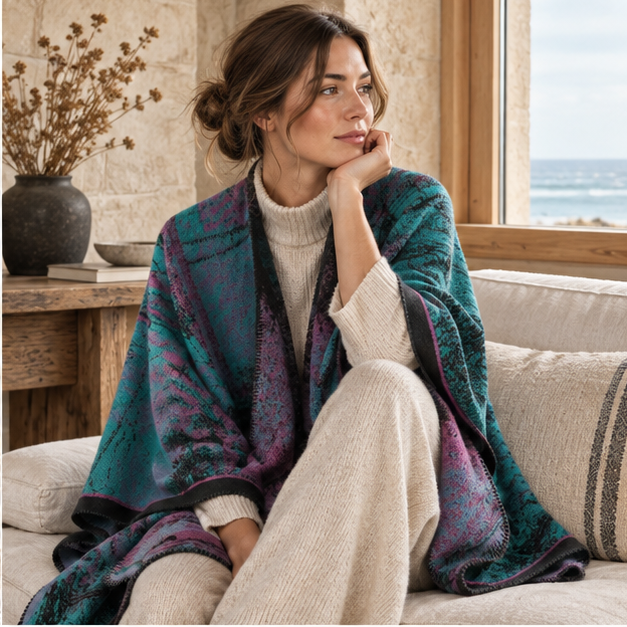 Poncho Bohémien Vintage – Bleu, dans un intérieur côtier lumineux