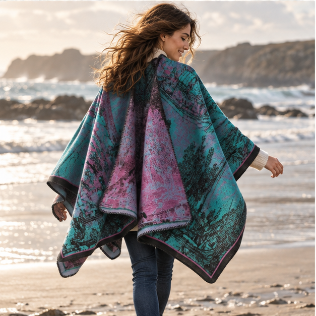 Poncho Bohémien Vintage – Bleu, porté en mouvement au bord de l’océan