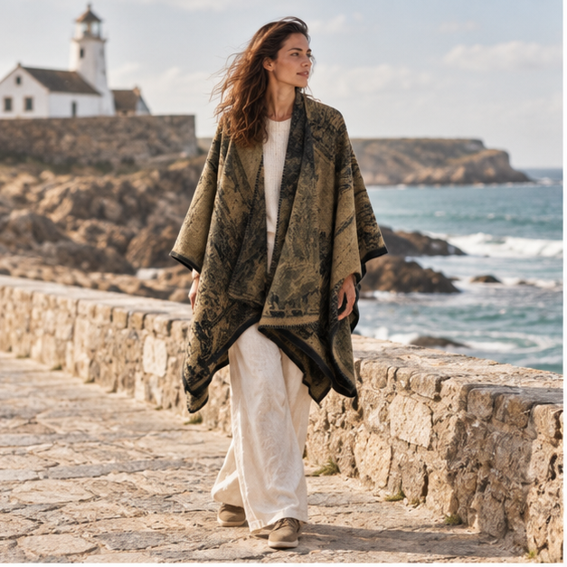 Poncho Bohémien Vintage – Kaki, en situation sur la côte Atlantique