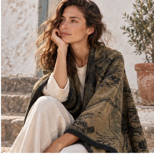 Poncho Bohémien Vintage – Kaki, dans un intérieur côtier lumineux