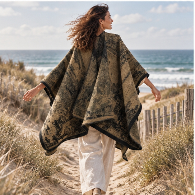Poncho Bohémien Vintage – Kaki, porté en mouvement au bord de l’océan