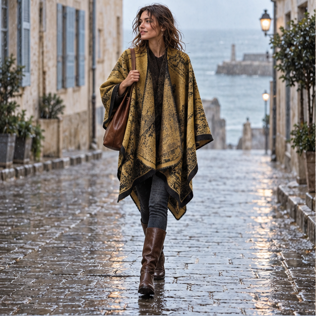 Poncho Bohémien Vintage – Jaune, en situation sur la côte Atlantique