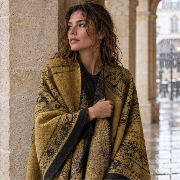 Poncho Bohémien Vintage – Jaune, dans un intérieur côtier lumineux