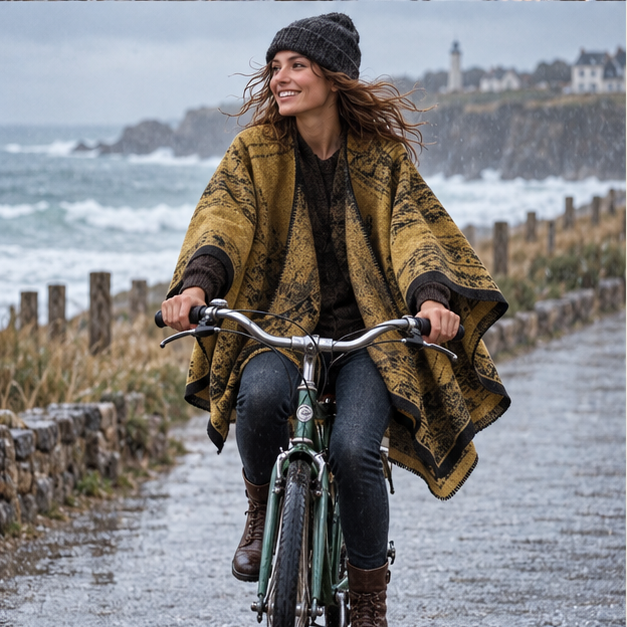 Poncho Bohémien Vintage – Jaune, porté en mouvement au bord de l’océan