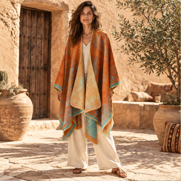 Poncho Bohémien Vintage – Orange, en situation sur la côte Atlantique