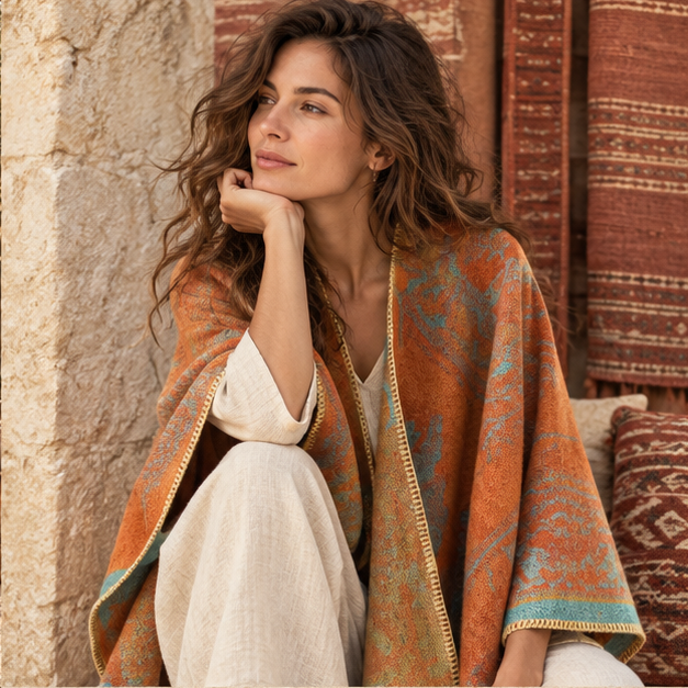 Poncho Bohémien Vintage – Orange, dans un intérieur côtier lumineux