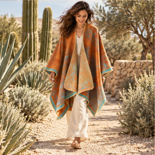 Poncho Bohémien Vintage – Orange, porté en mouvement au bord de l’océan