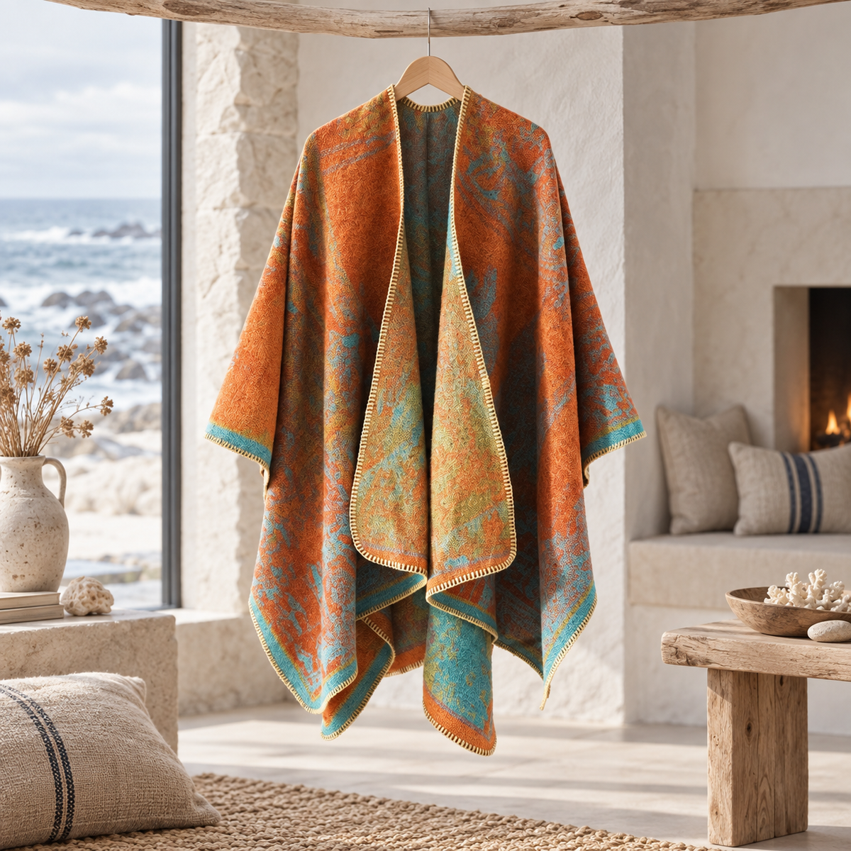 Poncho Bohémien Vintage – Orange, visuel principal lifestyle