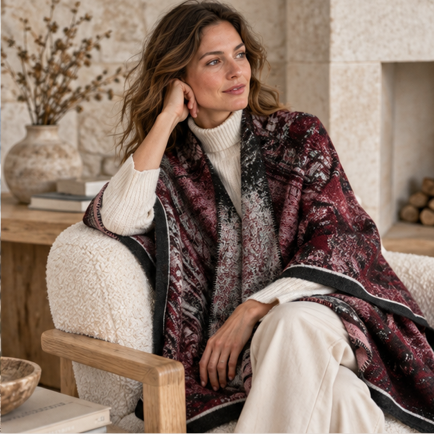 Poncho Bohémien Vintage – Bordeaux, dans un intérieur côtier lumineux