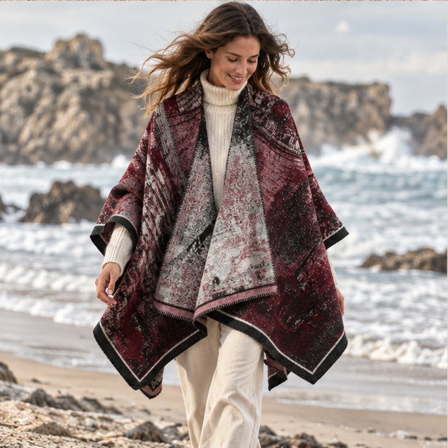 Poncho Bohémien Vintage – Bordeaux, porté en mouvement au bord de l’océan