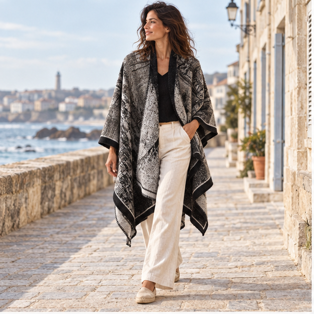Poncho Bohémien Vintage – Blanc, en situation sur la côte Atlantique