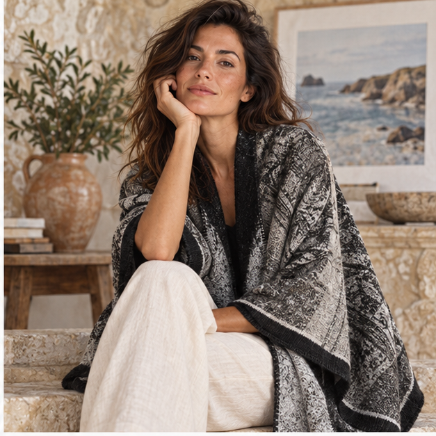 Poncho Bohémien Vintage – Blanc, dans un intérieur côtier lumineux