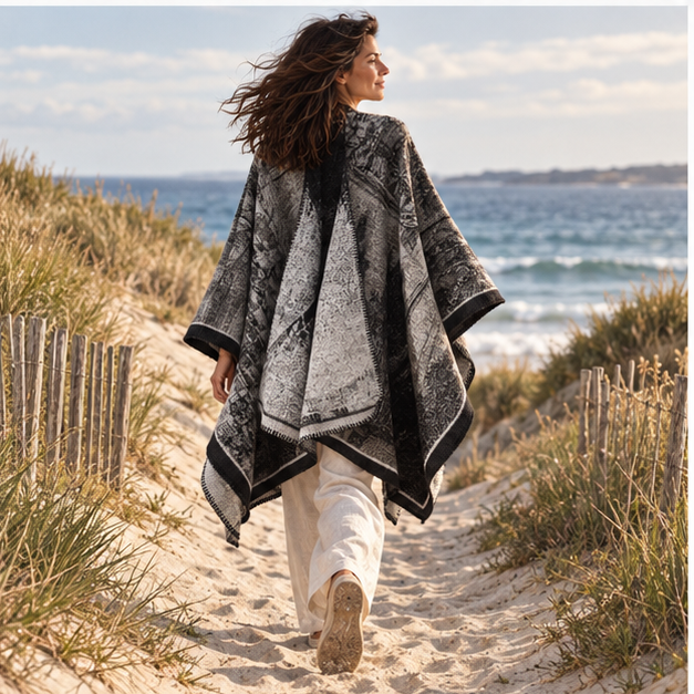 Poncho Bohémien Vintage – Blanc, porté en mouvement au bord de l’océan