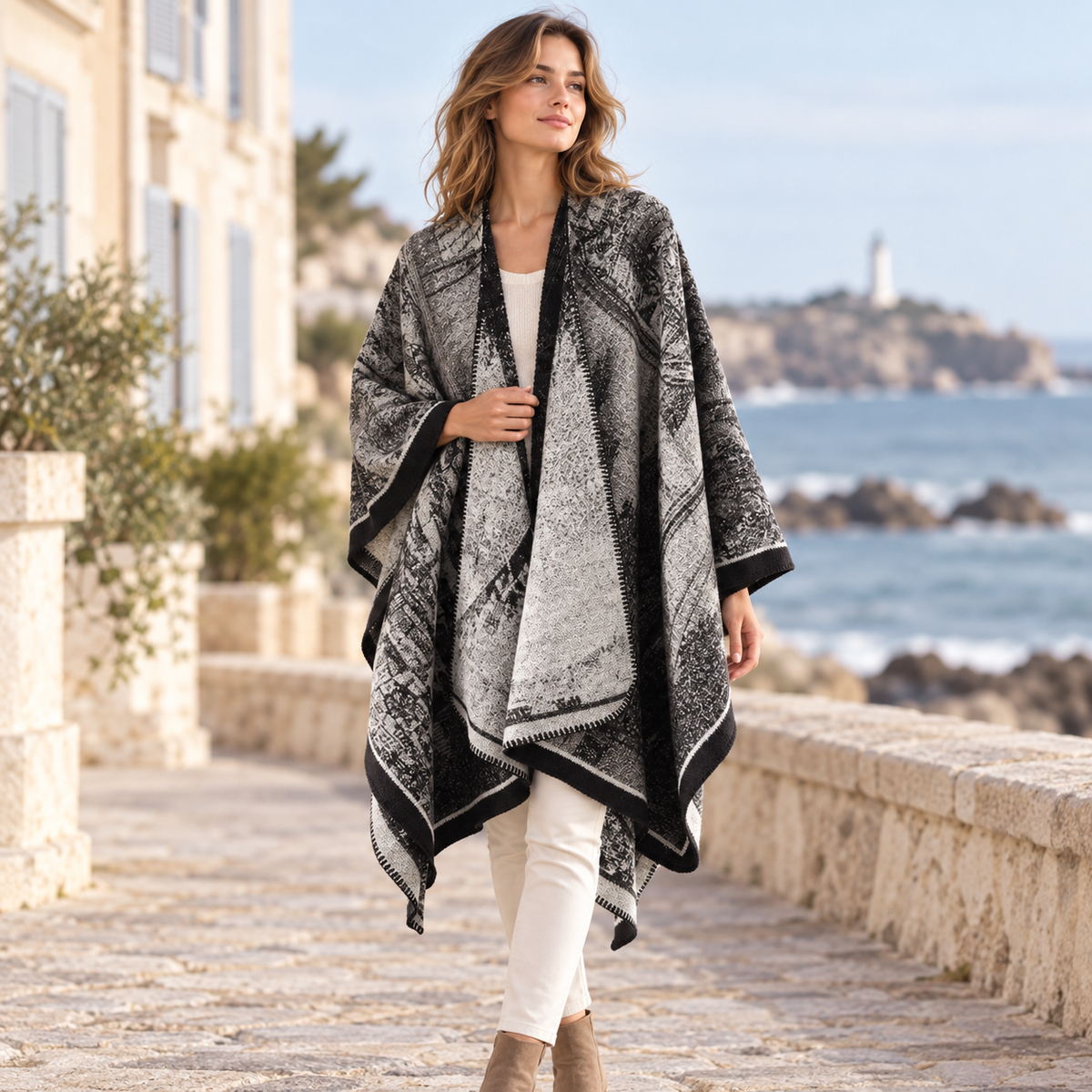 Poncho Bohémien Vintage – Blanc, visuel principal lifestyle