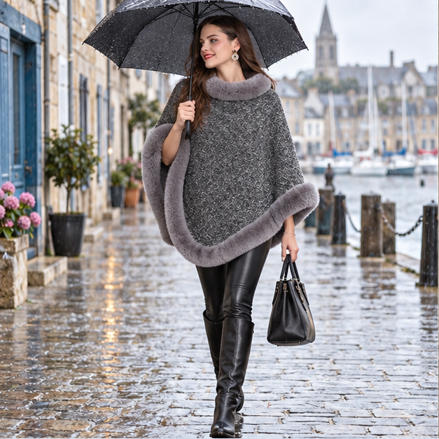 Poncho Bordé de Fourrure – Gris / Adulte, en situation sur la côte Atlantique