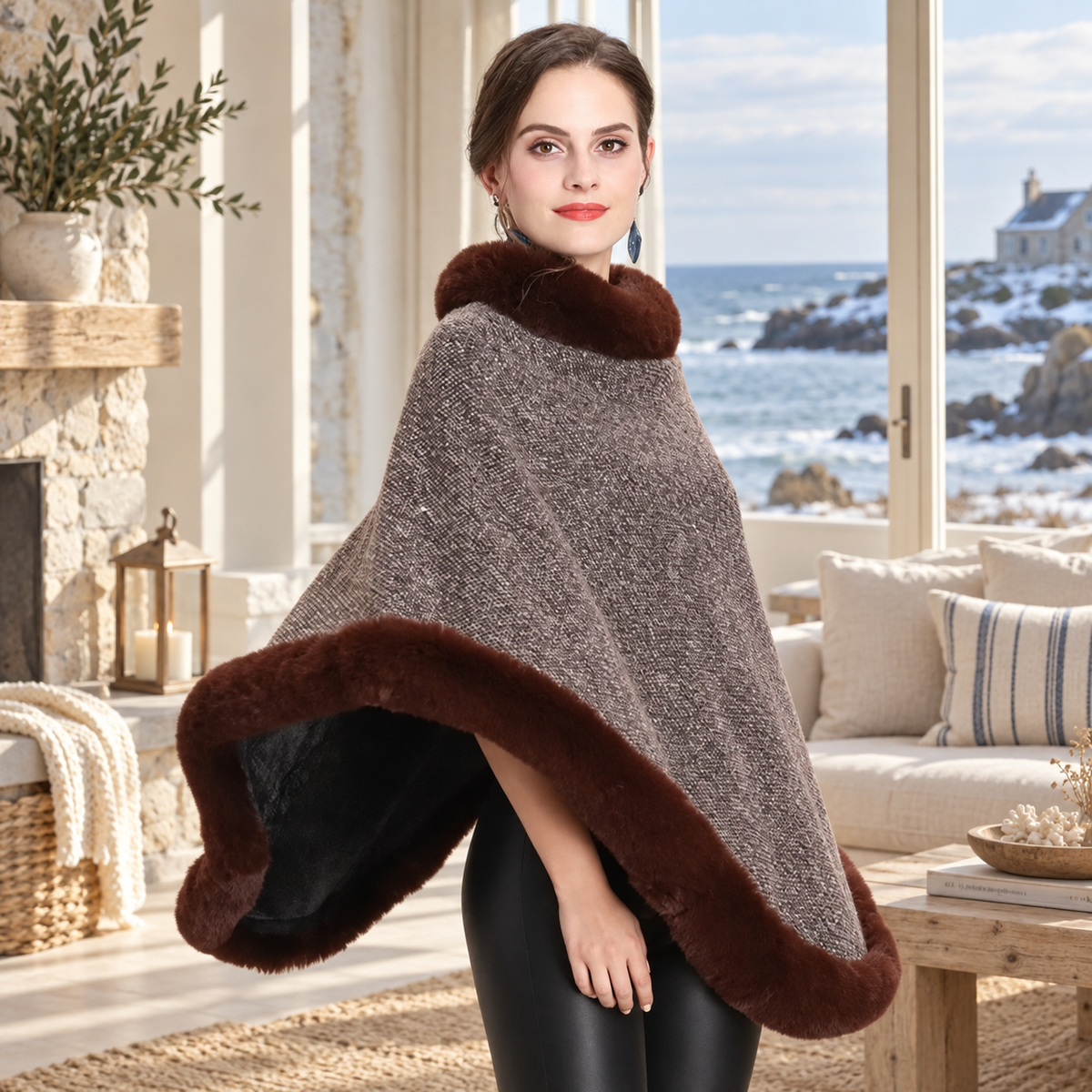 Poncho Bordé de Fourrure – Marron / Adulte, visuel principal lifestyle