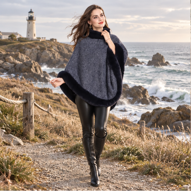 Poncho Bordé de Fourrure – Bleu / Adulte, en situation sur la côte Atlantique