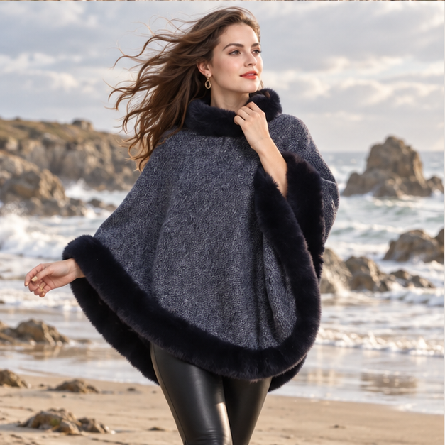 Poncho Bordé de Fourrure – Bleu / Adulte, porté en mouvement au bord de l’océan