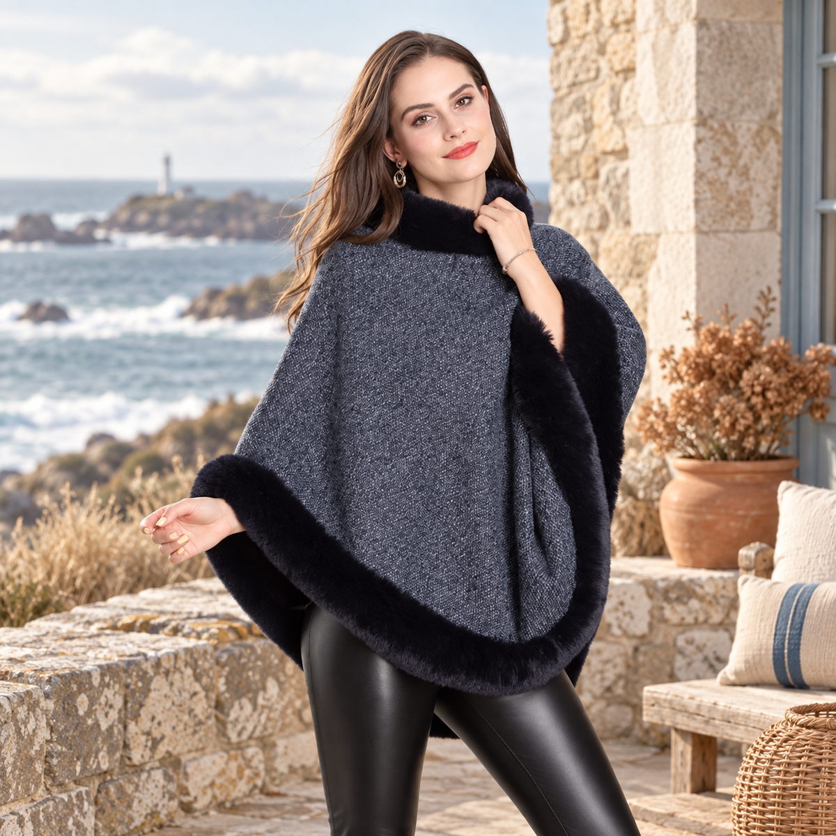 Poncho Bordé de Fourrure – Bleu / Adulte, visuel principal lifestyle