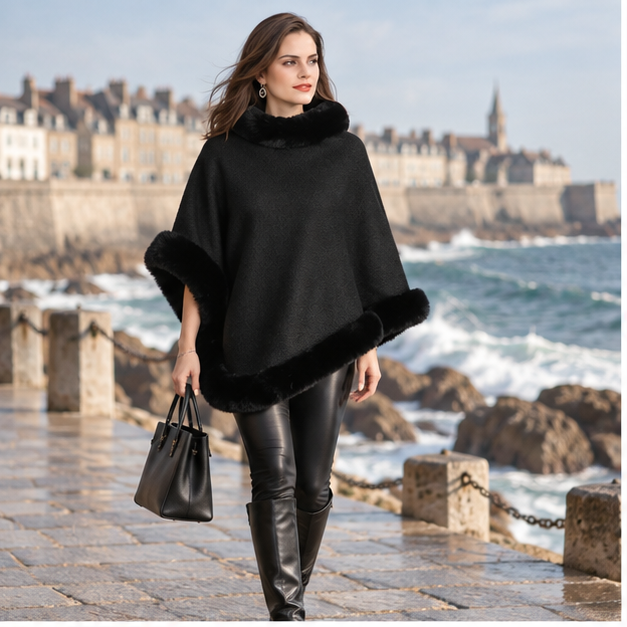 Poncho Bordé de Fourrure – Noir / Adulte, en situation sur la côte Atlantique