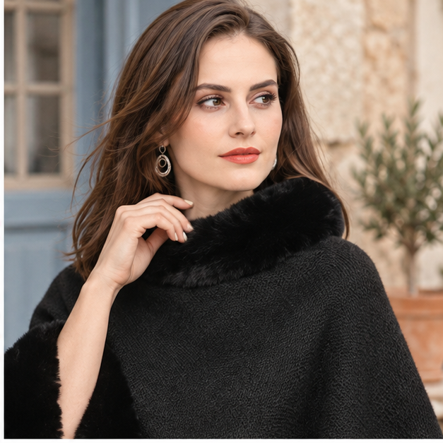 Poncho Bordé de Fourrure – Noir / Adulte, dans un intérieur côtier lumineux