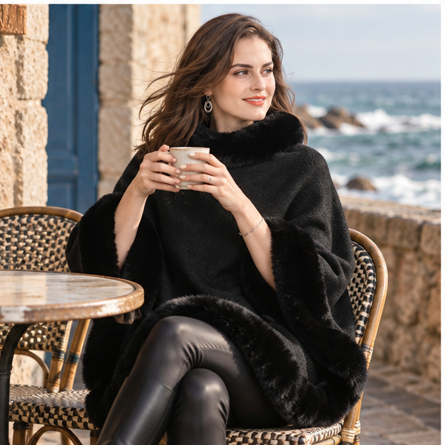 Poncho Bordé de Fourrure – Noir / Adulte, porté en mouvement au bord de l’océan
