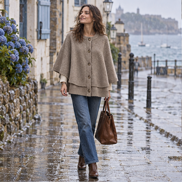 Poncho Boutonné Femme – Beige / S, Beige / M, Beige / L, en situation sur la côte Atlantique