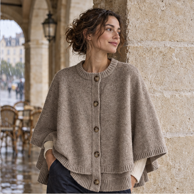 Poncho Boutonné Femme – Beige / S, Beige / M, Beige / L, dans un intérieur côtier lumineux