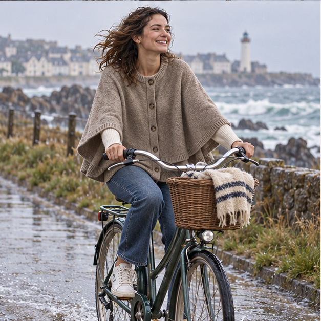 Poncho Boutonné Femme – Beige / S, Beige / M, Beige / L, porté en mouvement au bord de l’océan