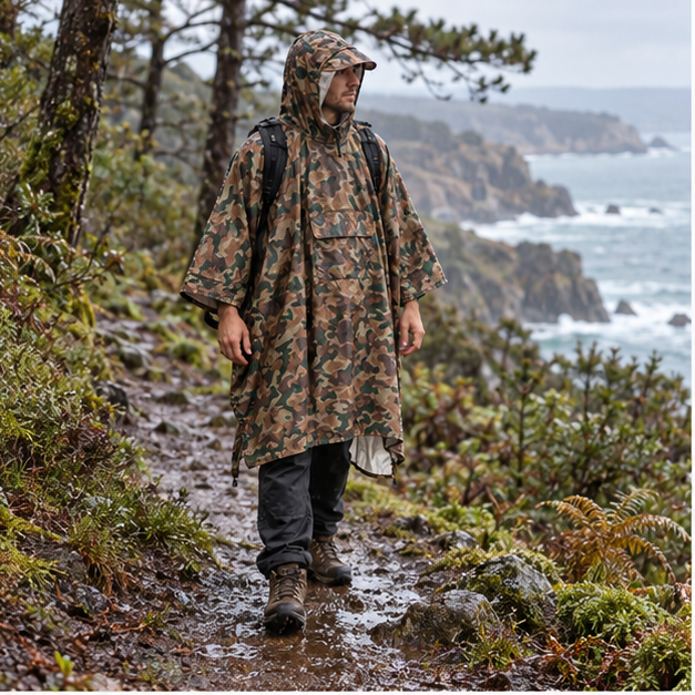Poncho Camouflage – Marron / Adulte, en situation sur la côte Atlantique