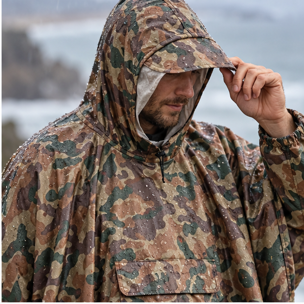 Poncho Camouflage – Marron / Adulte, dans un intérieur côtier lumineux