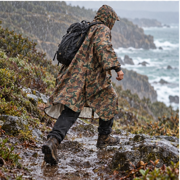 Poncho Camouflage – Marron / Adulte, porté en mouvement au bord de l’océan