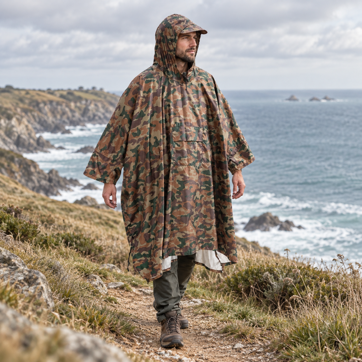 Poncho Camouflage – Marron / Adulte, visuel principal lifestyle