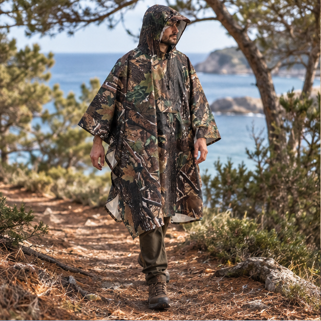 Poncho Camouflage – Vert / Adulte, en situation sur la côte Atlantique