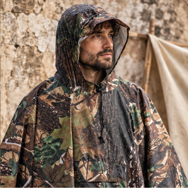 Poncho Camouflage – Vert / Adulte, dans un intérieur côtier lumineux