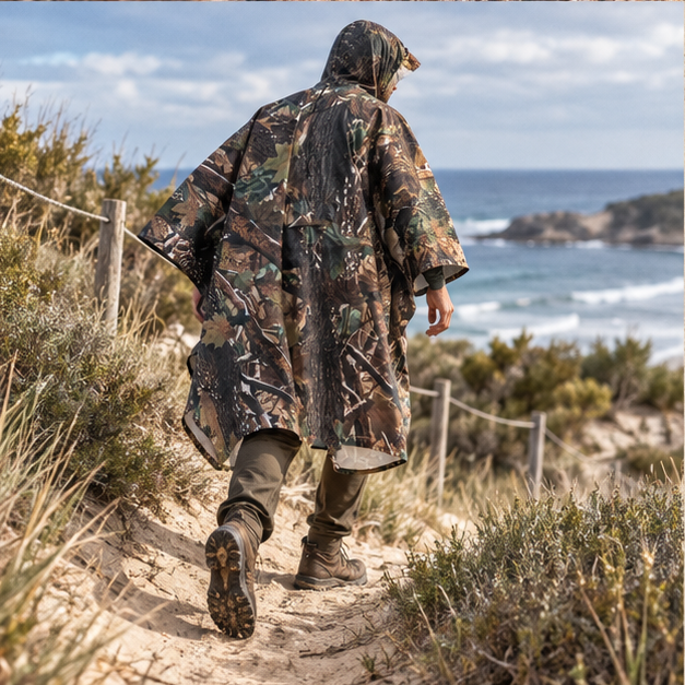 Poncho Camouflage – Vert / Adulte, porté en mouvement au bord de l’océan