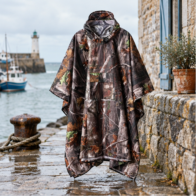 Poncho Camouflage – Marron Foncé / Adulte, en situation sur la côte Atlantique