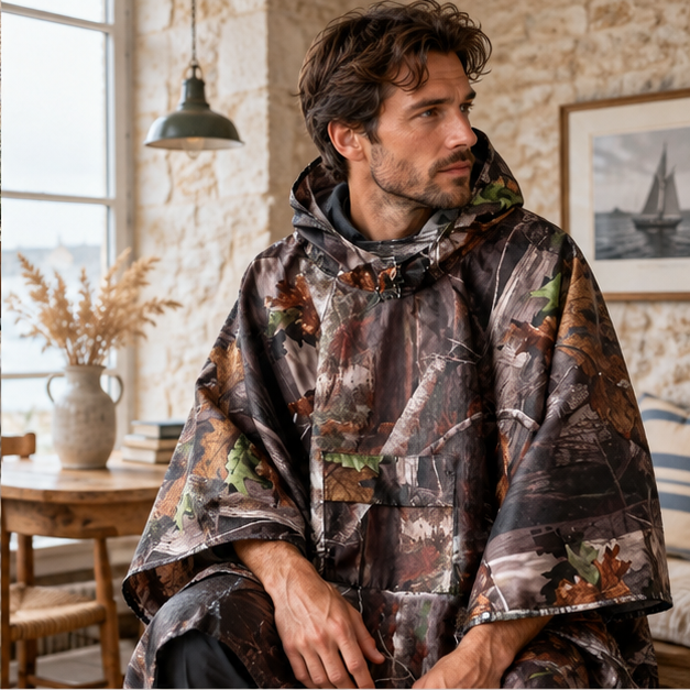Poncho Camouflage – Marron Foncé / Adulte, dans un intérieur côtier lumineux