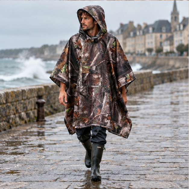Poncho Camouflage – Marron Foncé / Adulte, porté en mouvement au bord de l’océan