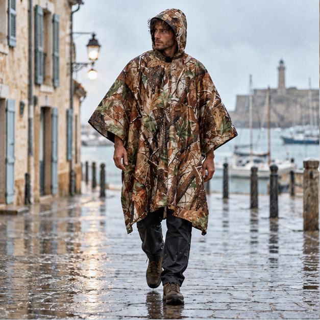 Poncho Camouflage – Marron Clair / Adulte, en situation sur la côte Atlantique