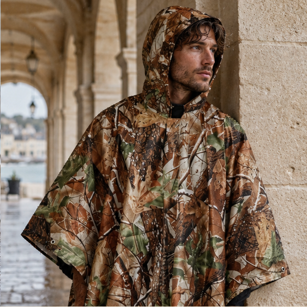 Poncho Camouflage – Marron Clair / Adulte, dans un intérieur côtier lumineux