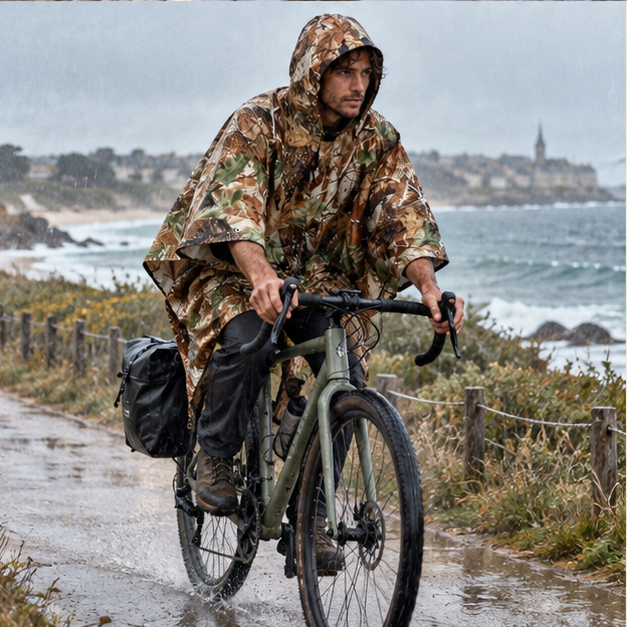 Poncho Camouflage – Marron Clair / Adulte, porté en mouvement au bord de l’océan