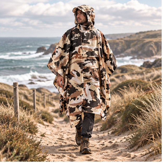 Poncho Camouflage – Beige / Adulte, en situation sur la côte Atlantique