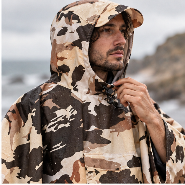 Poncho Camouflage – Beige / Adulte, dans un intérieur côtier lumineux